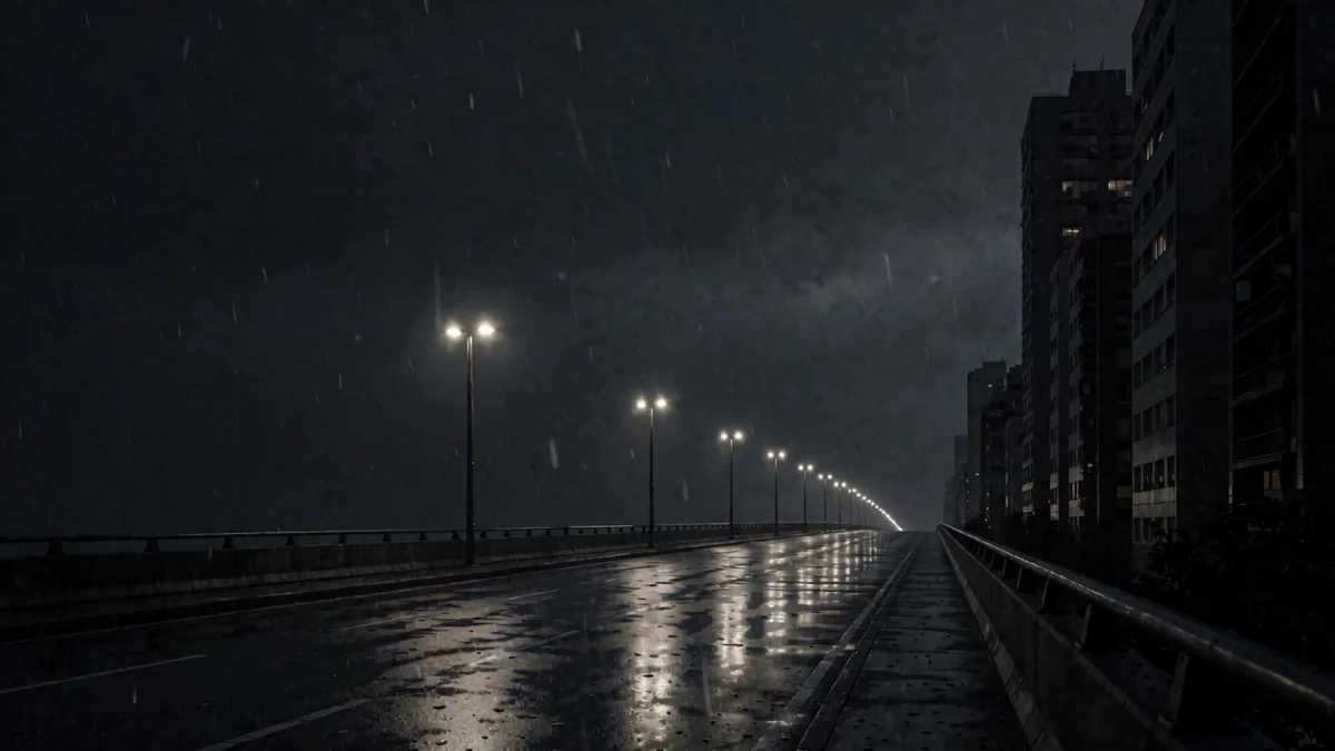 Avenida elevada de San Pablo vacía y húmeda en hora azul