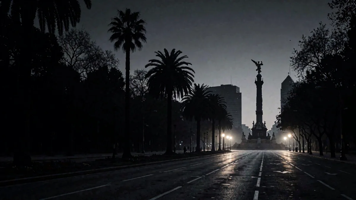 Paseo de la Reforma vacío en hora azul con la columna del Ángel a lo lejos