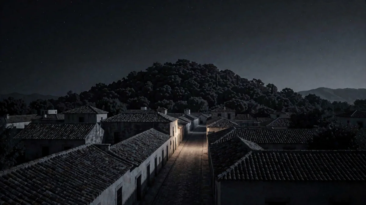 Un cerro boscoso sobre techos coloniales de tejas y una calle empedrada en penumbra