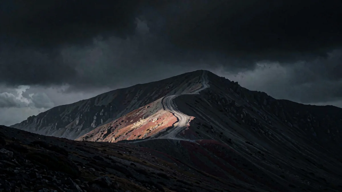 Cuesta de montaña con curvas y tierra rojiza bajo cielo de tormenta
