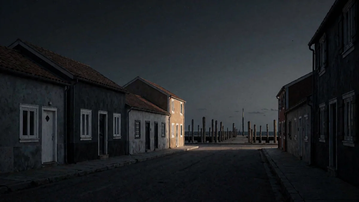 Una calle de casas de chapa de colores apagados y un muelle de madera al fondo