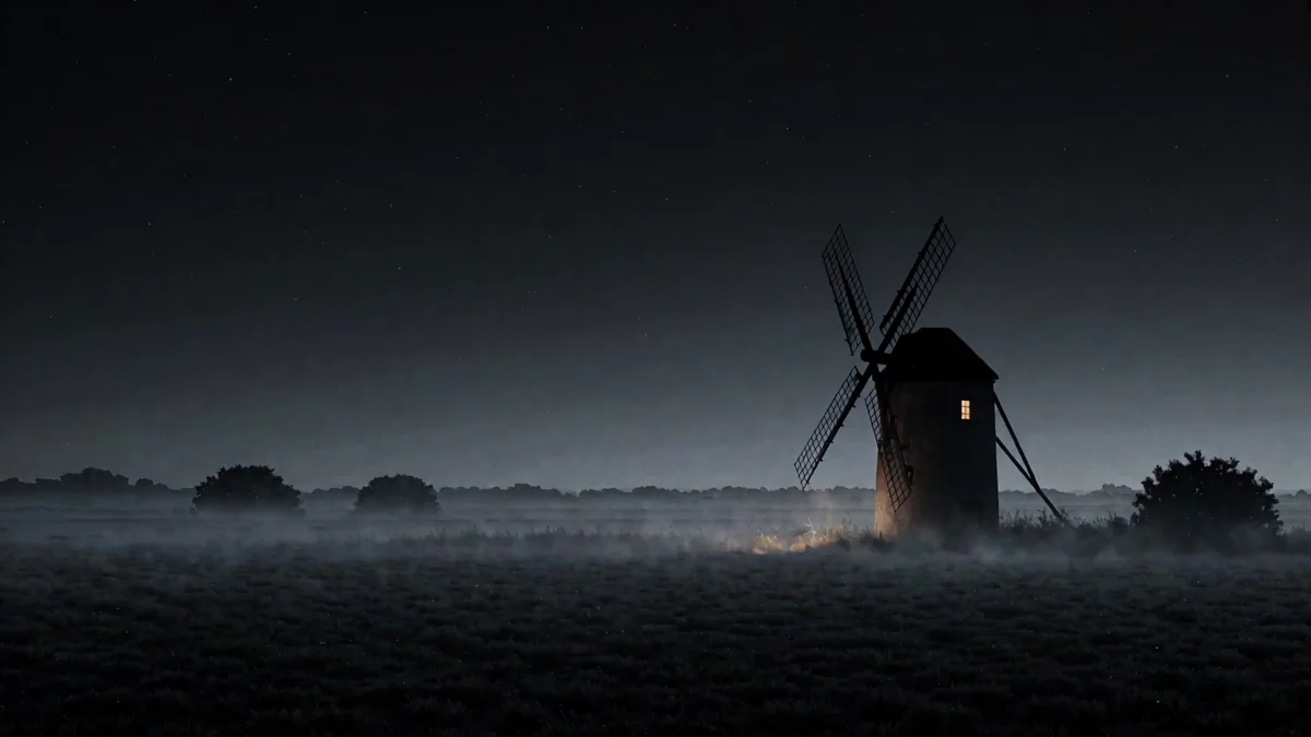 Campos de tambo con niebla baja al amanecer y un molino de viento en silueta