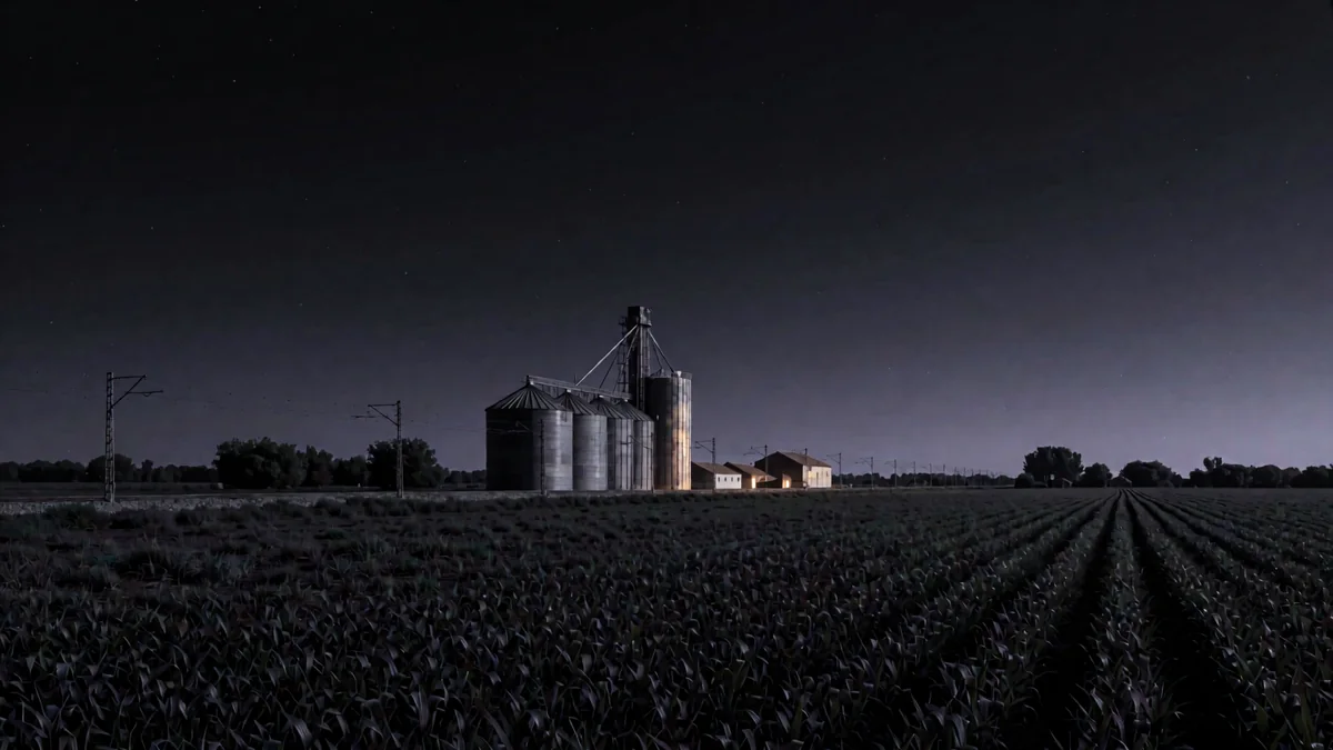Silos de campo junto a vías y trigales bajo un cielo violeta