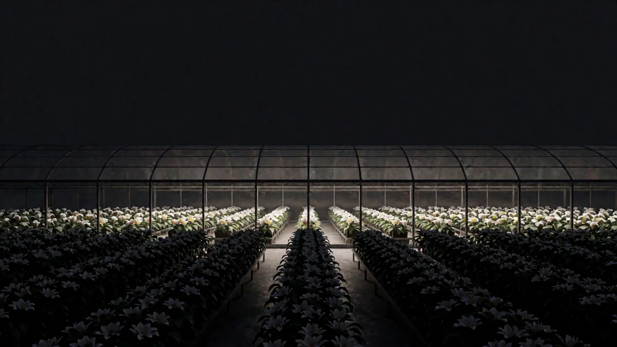 Hileras de plantas florecidas bajo un invernadero de vivero con luz cálida interior