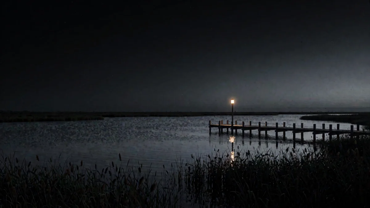 Una laguna de llanura con juncos y un muelle de madera con una lámpara encendida al final