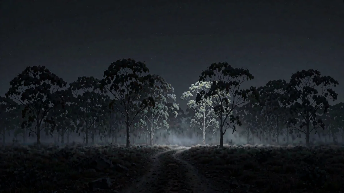 Un bosque de eucaliptos con niebla y un camino de tierra en penumbra