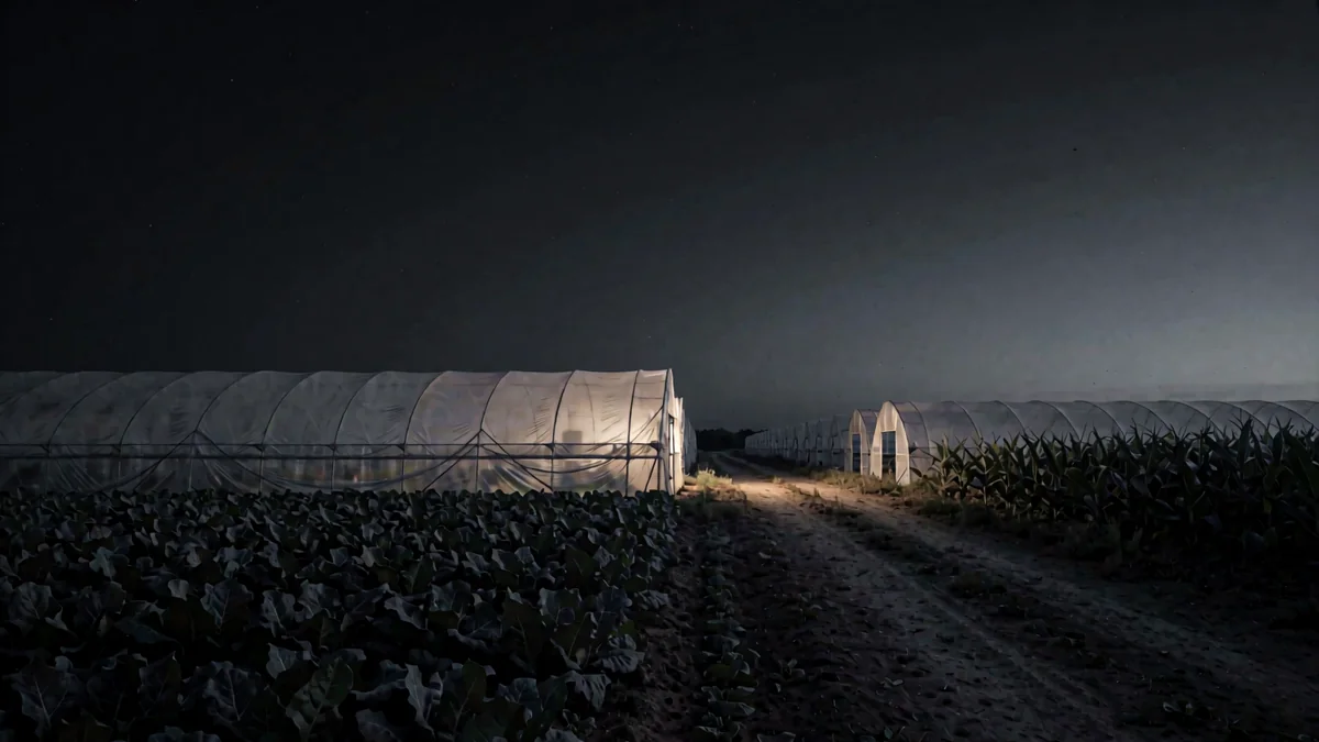 Quintas hortícolas con invernaderos de plástico y un camino de tierra al atardecer