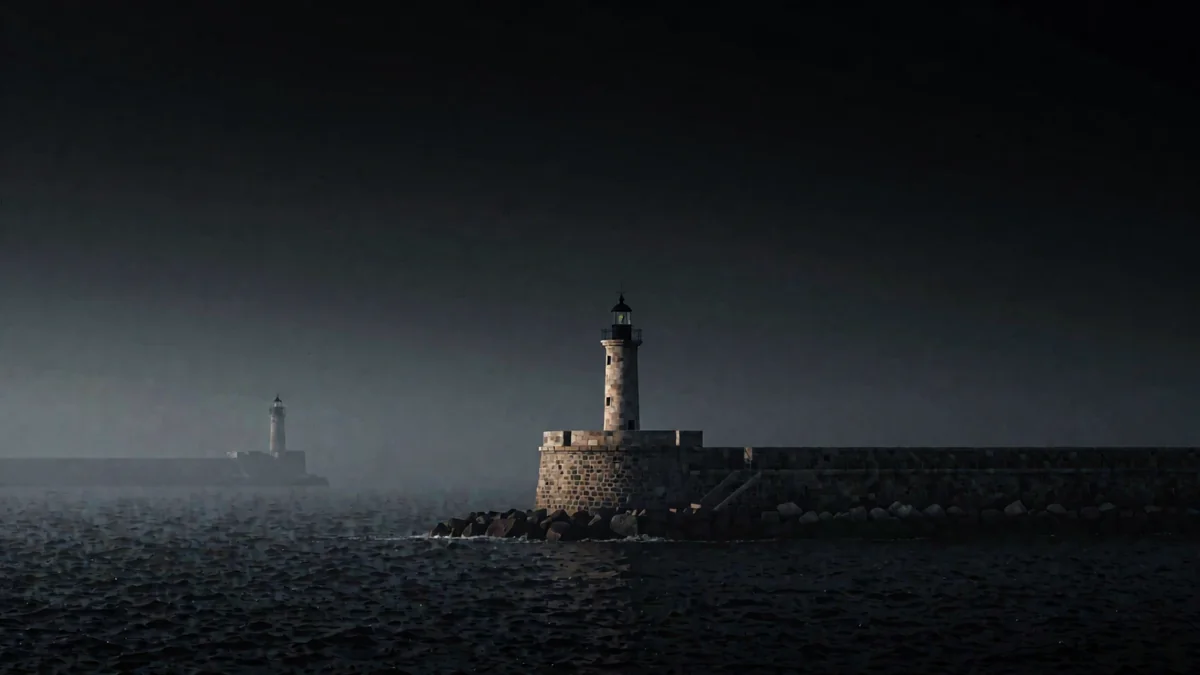Una escollera de piedra con mar oscuro y un faro lejano entre la niebla