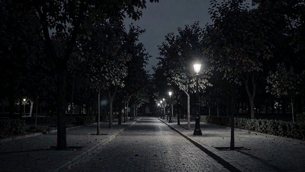 Un pasaje adoquinado con arboleda y farolas de luz cálida