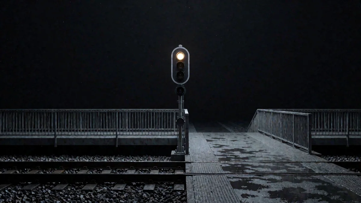 Un puente peatonal de hierro sobre vías ferroviarias mojadas con un semáforo ferroviario encendido