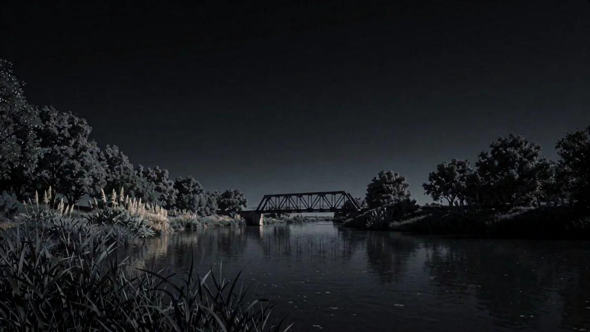 La ribera arbolada de un río de llanura con juncos y un puente ferroviario de hierro en penumbra