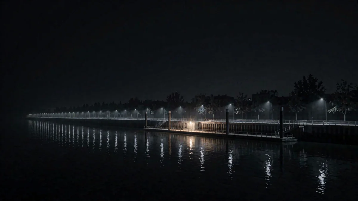 Una costanera ribereña con muelle de madera y luces reflejadas en el río