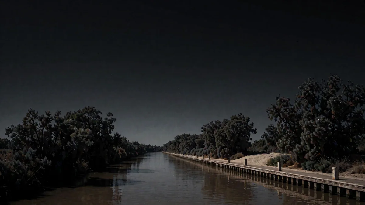 Un canal del delta con muelle de madera, sauces y agua marrón quieta