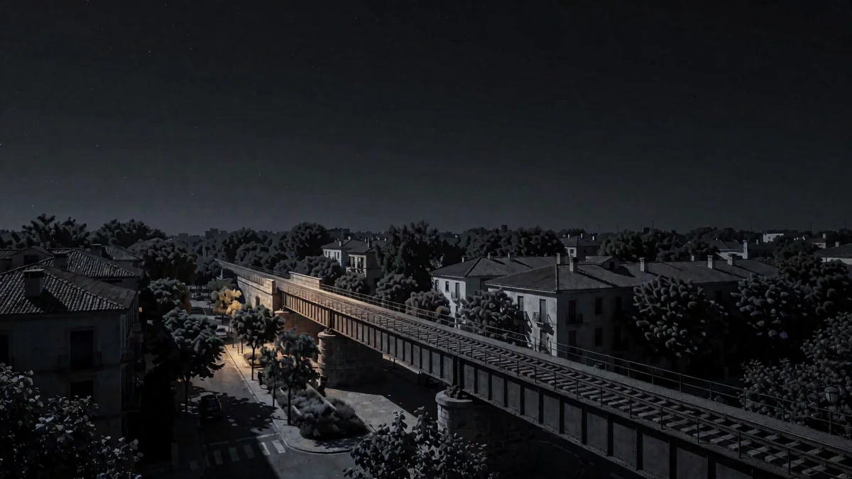 Un puente ferroviario de hierro sobre calles residenciales arboladas