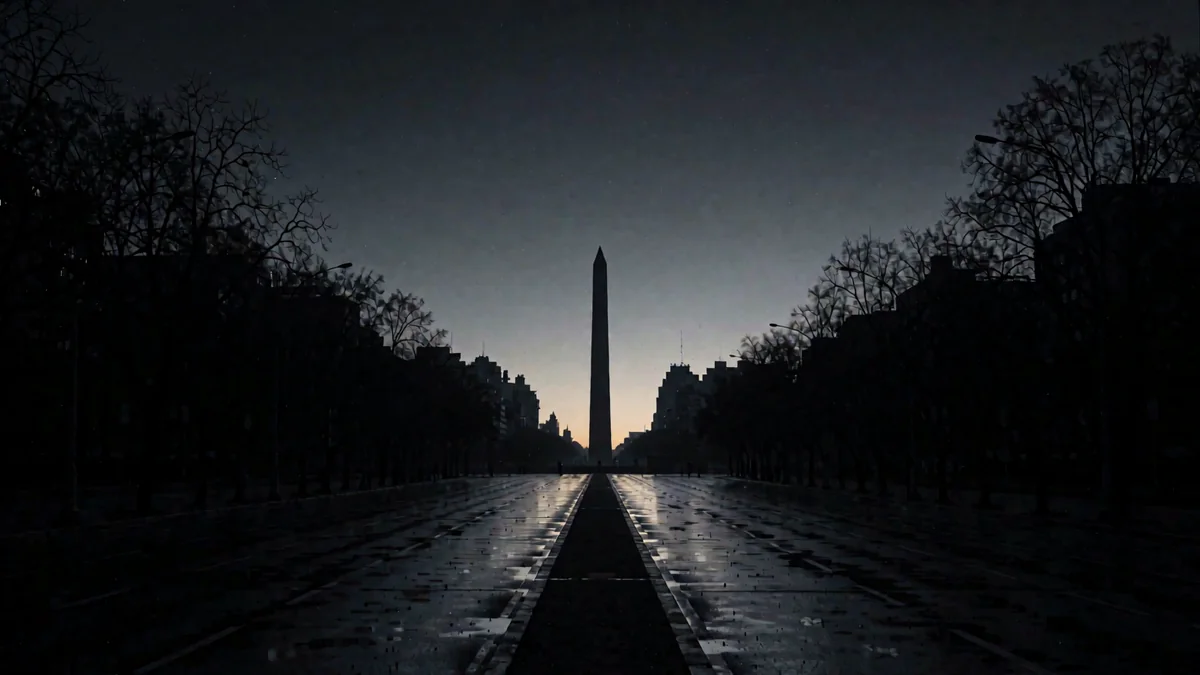 Silueta lejana del Obelisco en hora azul sobre una avenida vacía y húmeda