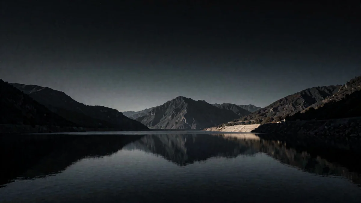 Dique entre cerros con el reflejo de las montañas en el agua
