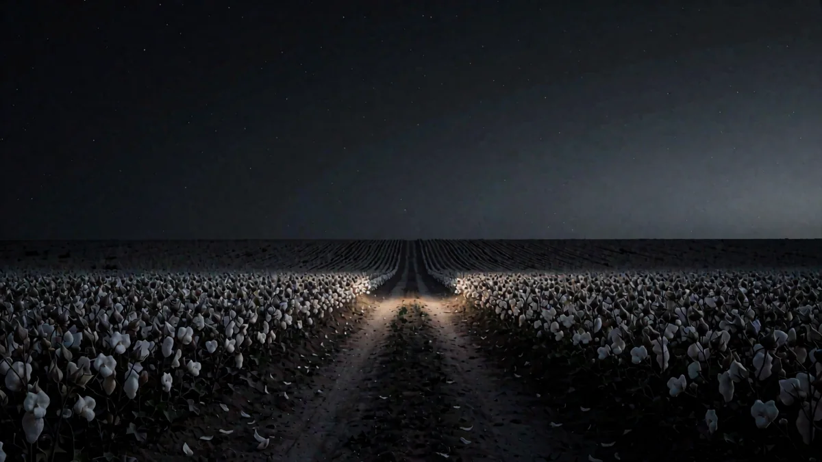 Un camino de tierra entre campos de algodón al anochecer