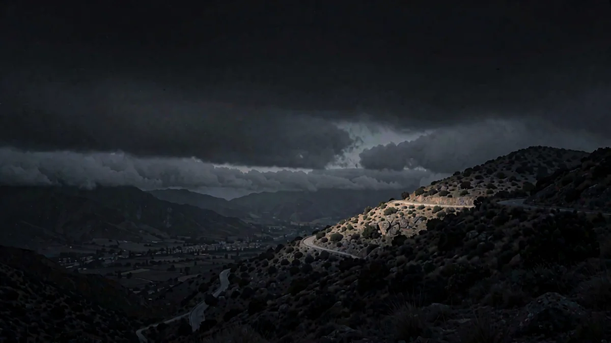 Cuesta serrana con vista a un valle en penumbra y nubes bajas