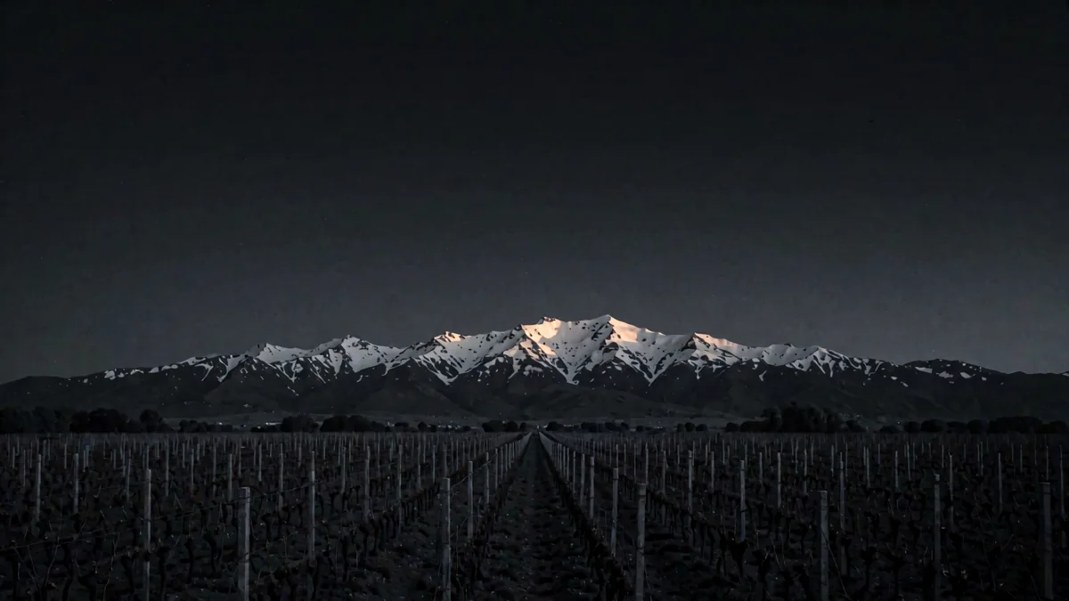 Cordillera nevada al fondo sobre hileras de viñedos en penumbra