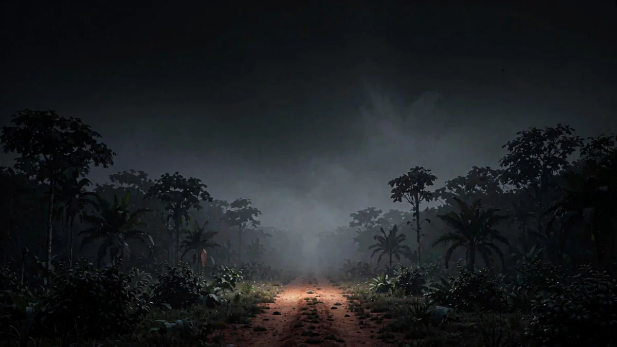 Camino de tierra roja entre selva densa con neblina