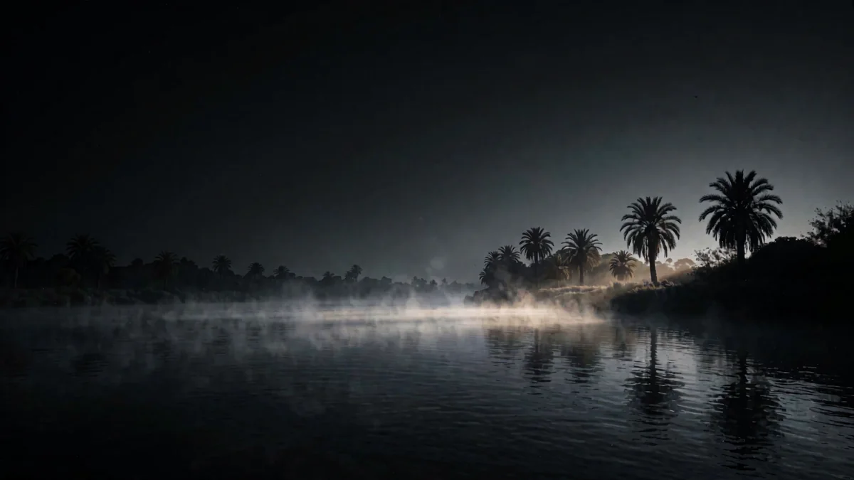 Río ancho y manso con neblina al amanecer y palmeras en la orilla