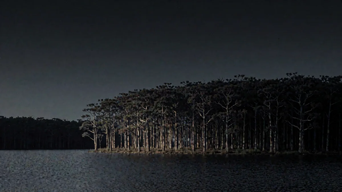 Un bosque de arrayanes de troncos canela junto a un lago quieto