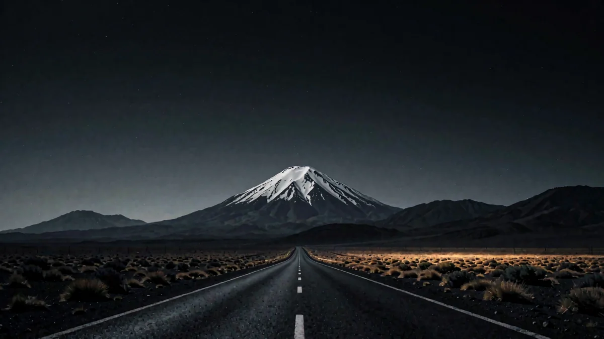 Ruta volcánica entre estepa con un volcán nevado al fondo