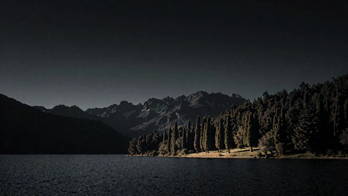 Orilla de un lago andino con bosque de cipreses y montañas