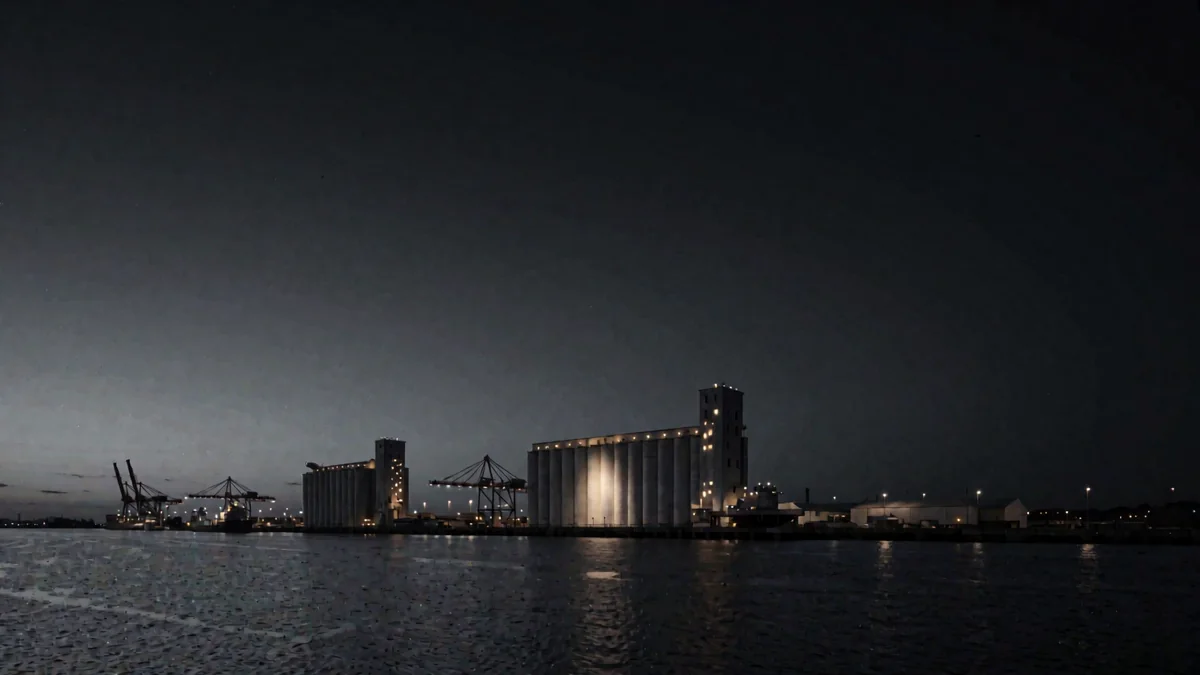 Silos portuarios sobre un río ancho con luces cálidas al anochecer