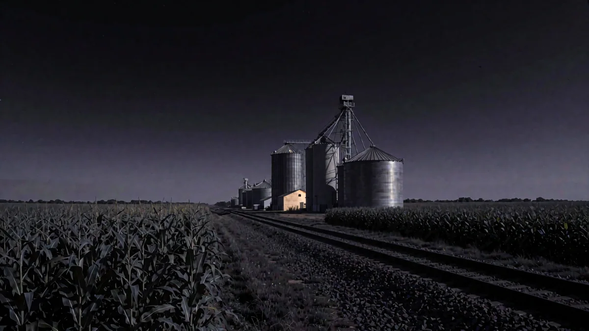 Silos y vías de tren con campos de soja bajo cielo violeta