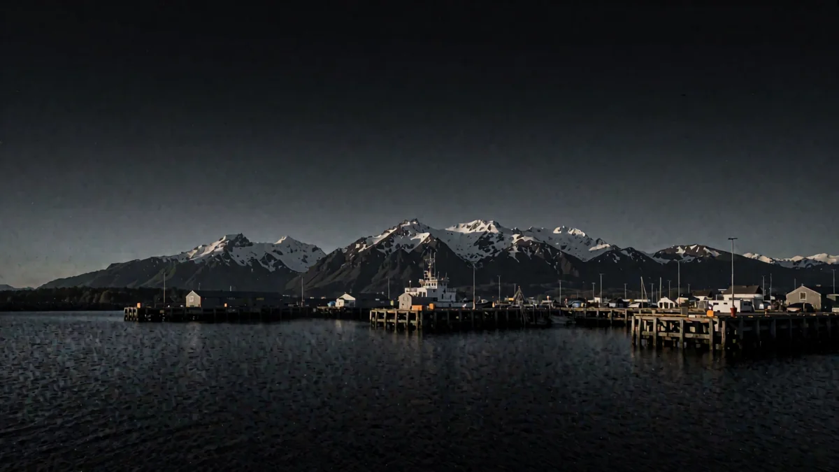 Puerto austral con muelles de madera y montañas nevadas detrás