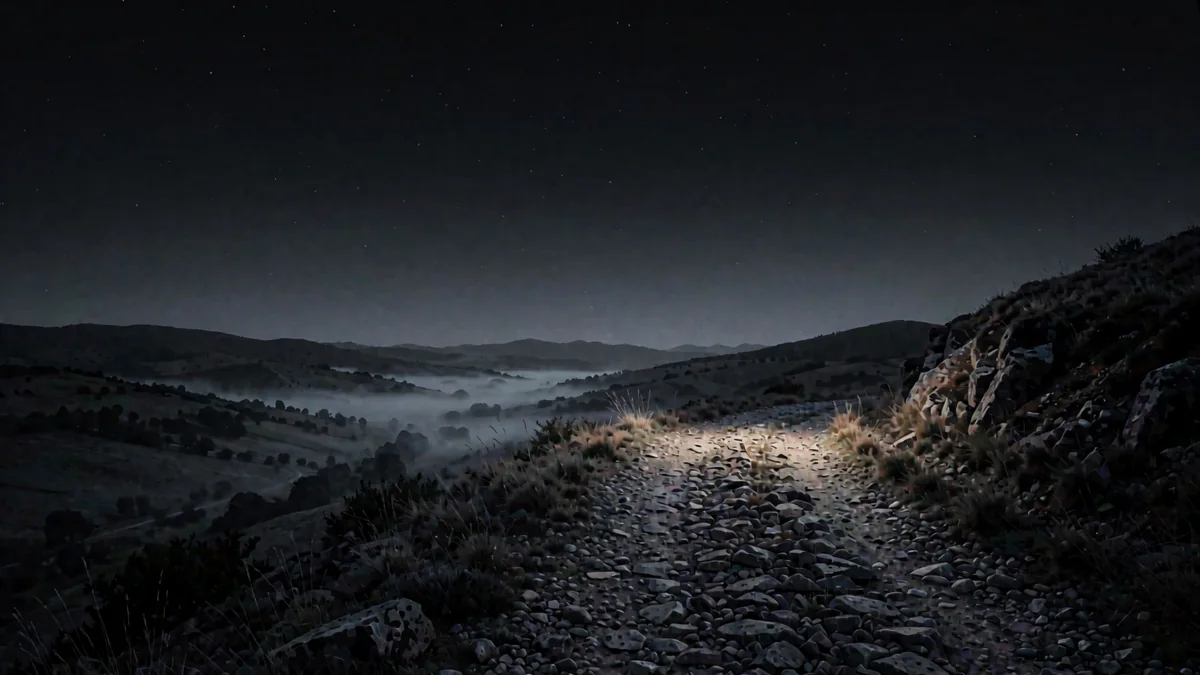 Sierras bajas con niebla en los valles y piedra de un camino serrano en primer plano