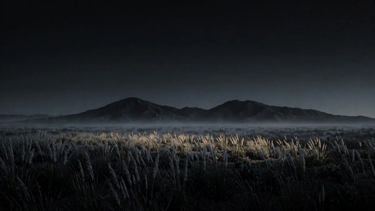 Un cañaveral con cerros al fondo y niebla baja al amanecer