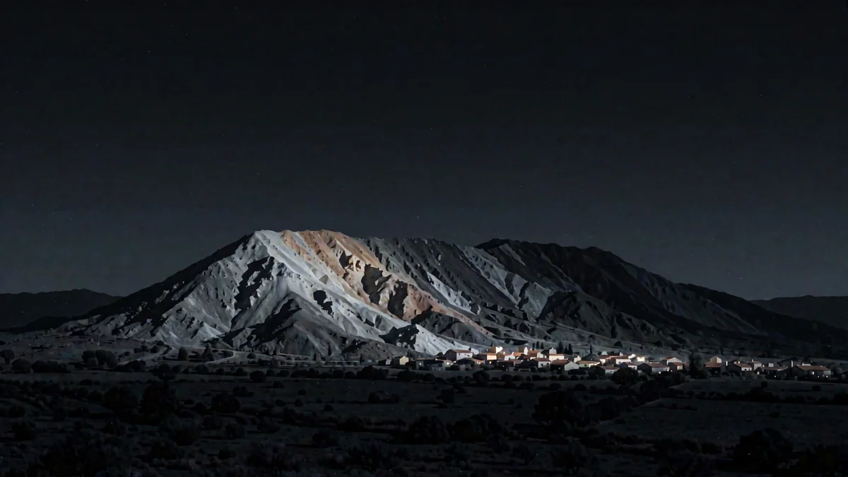 Cerro de colores minerales en luz rasante con un pueblo diminuto a sus pies