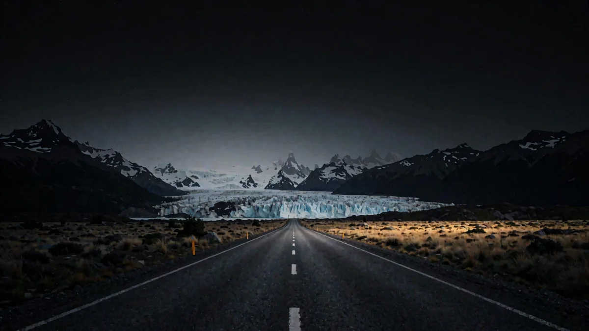 Ruta de estepa patagónica con un glaciar azul al fondo
