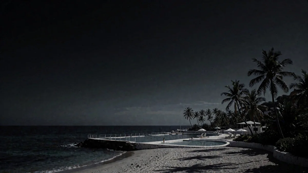 Una playa con piscinas naturales y palmeras inclinadas en hora azul con una luz cálida en la costa