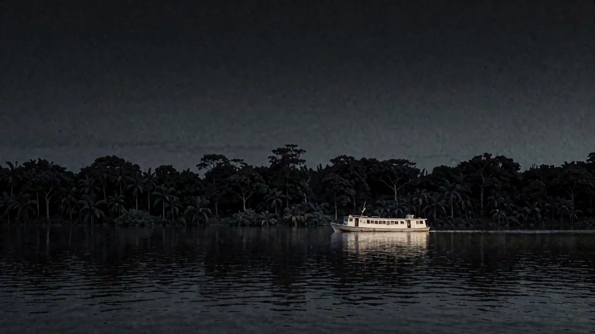 Un encuentro de dos ríos de colores distintos con la selva al fondo en hora azul y una luz cálida en un barco