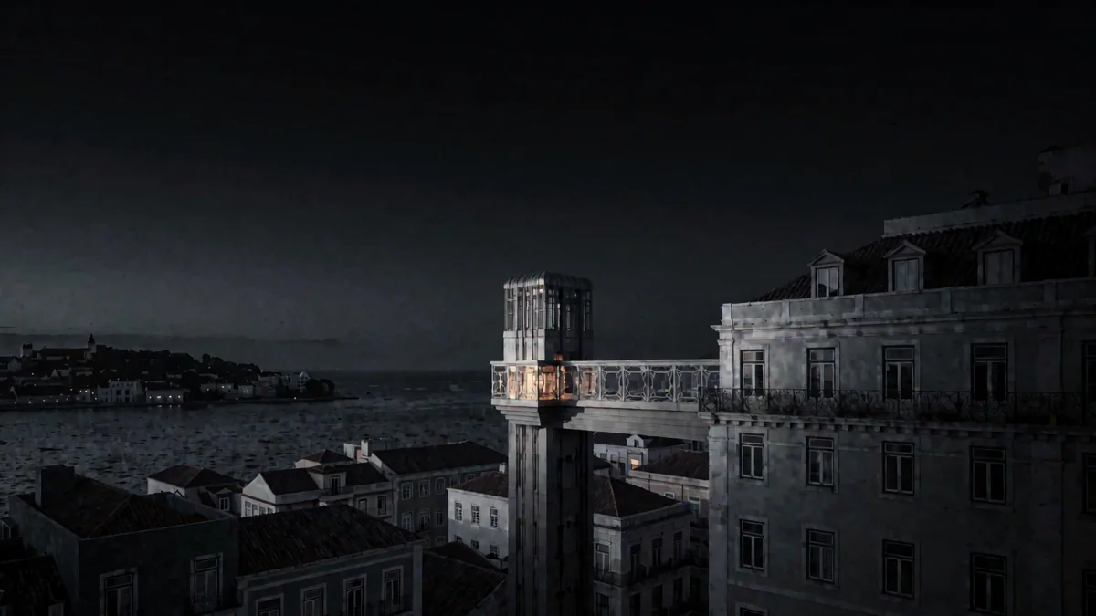 Un elevador urbano sobre una bahía con casas coloniales y luces cálidas en hora azul