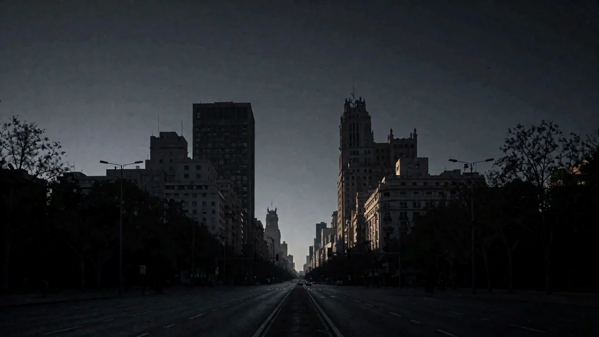 Una avenida monumental ancha y vacía con edificios modernistas en silueta en hora azul