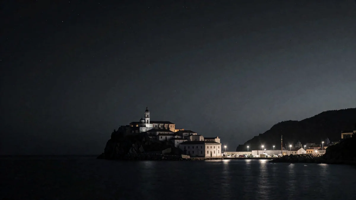 Un convento sobre una roca junto al mar con luces cálidas de un puerto en hora azul