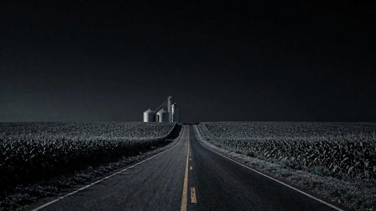 Una carretera recta entre campos de soja con silos y una luz cálida en hora azul