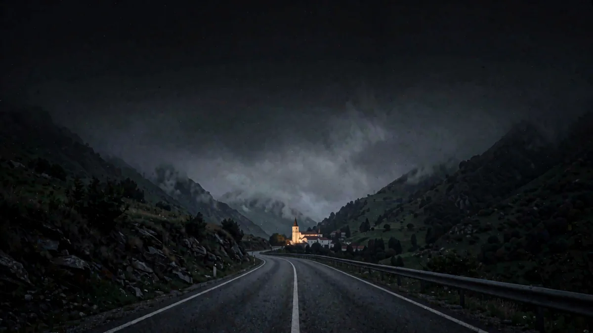 Una carretera de montaña entre sierras verdes con niebla en hora azul y una luz cálida en una iglesia lejana