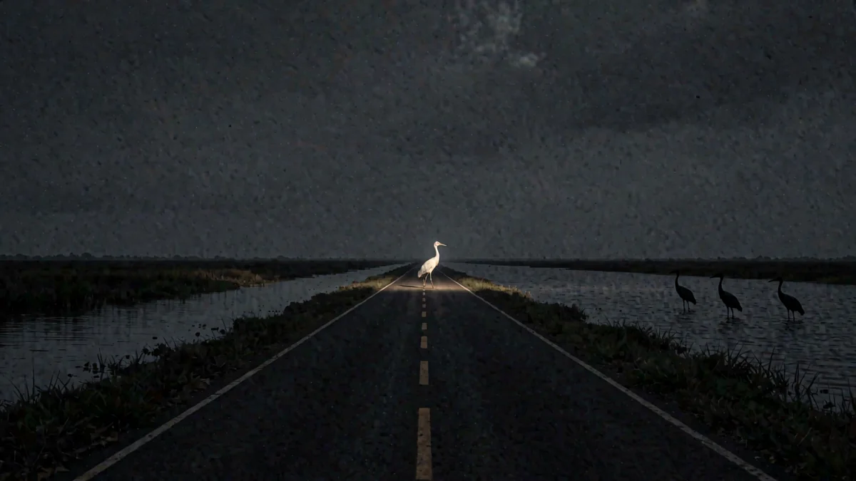 Una carretera del pantanal con agua a ambos lados y garzas en silueta en hora azul, con una luz cálida lejana
