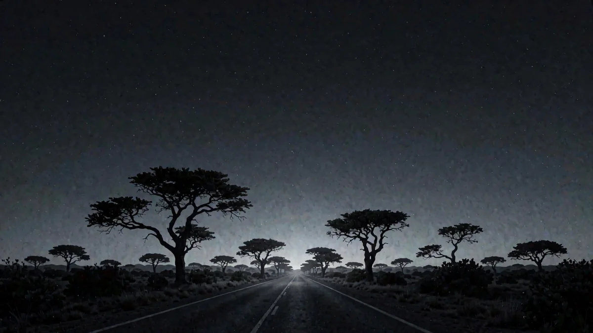Una carretera del cerrado con árboles retorcidos y un cielo enorme en hora azul, con una luz cálida lejana