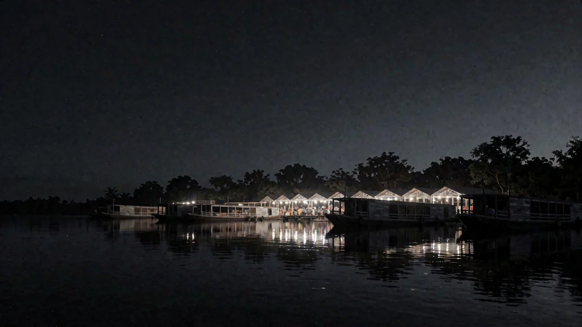 Un mercado a orillas de un río amazónico con barcos de madera y luces cálidas en hora azul