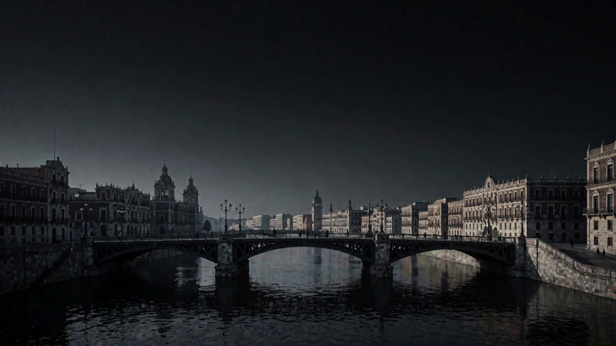Un puente de hierro sobre un río urbano con edificios coloniales y luces cálidas en hora azul