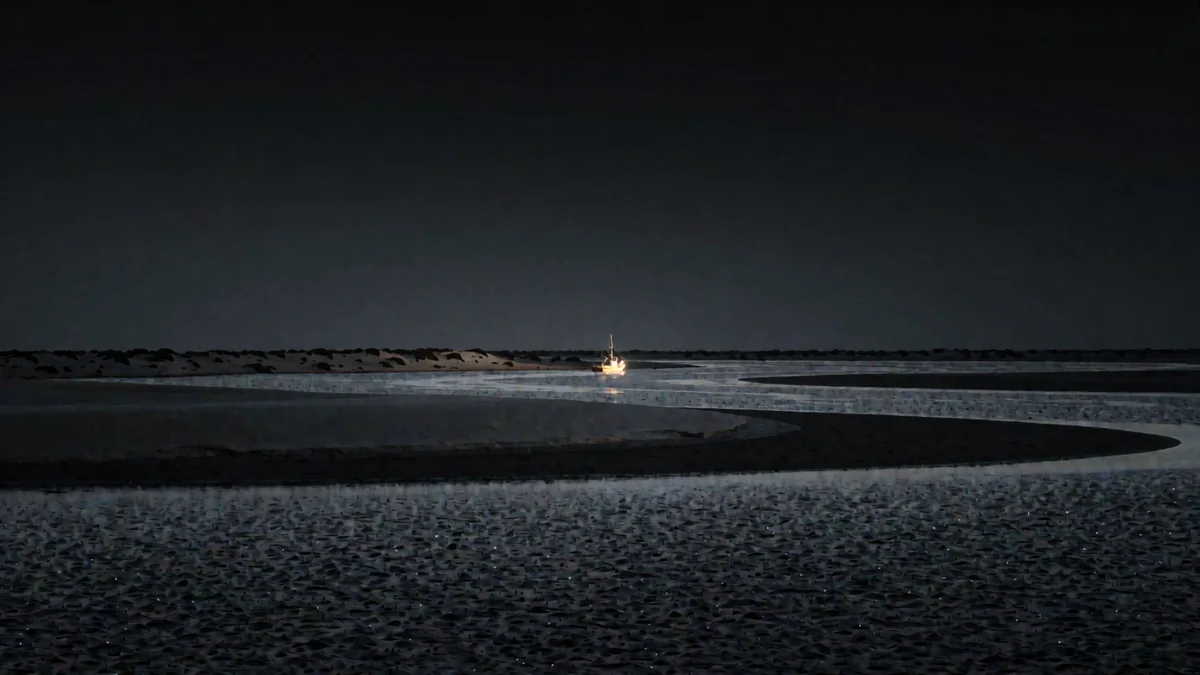 Un delta con dunas y mangles en hora azul con una luz cálida en una embarcación lejana
