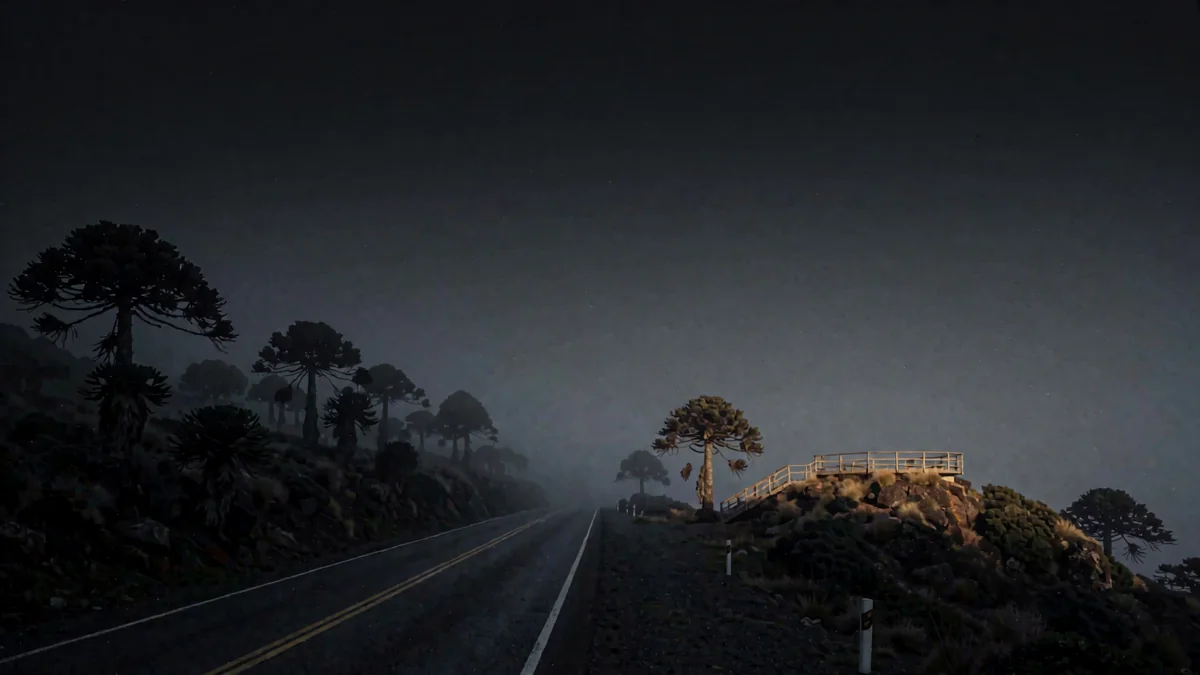 Una carretera de sierra con araucarias y niebla en hora azul, con una luz cálida en un mirador