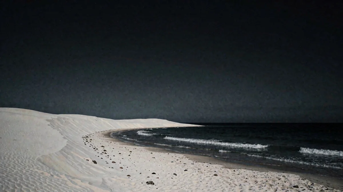 Dunas de arena blanca junto al mar con una laguna en hora azul y una luz cálida lejana