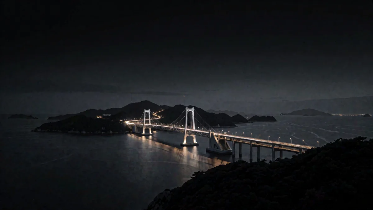 Un puente colgante sobre una bahía con una isla iluminada con luces cálidas en hora azul